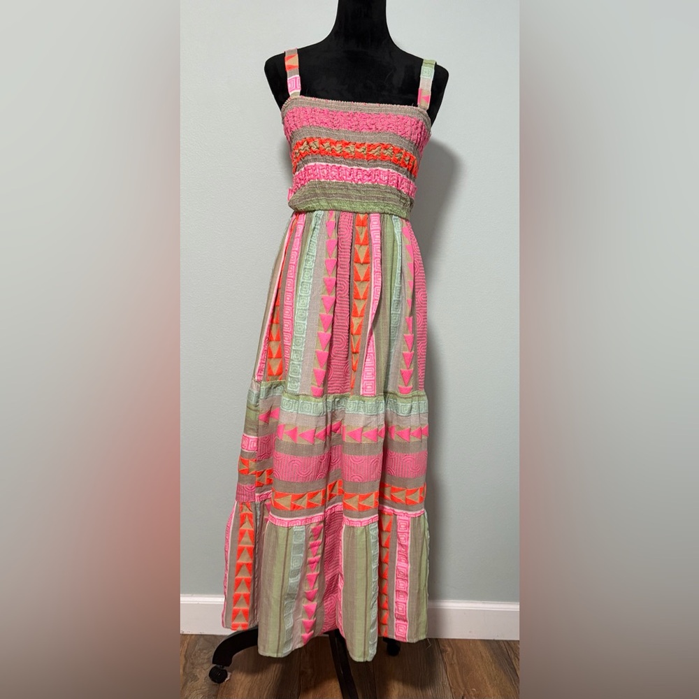Smocked Strappy Maxi Dress in Pink & Sage